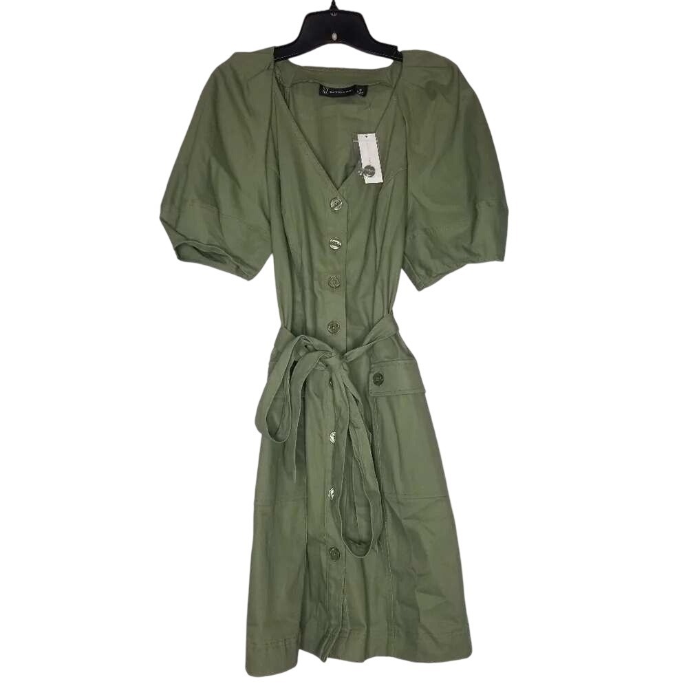 NY&C New York & Company Olive Green Puff Sleeve Cotton Button Front Dress Large
